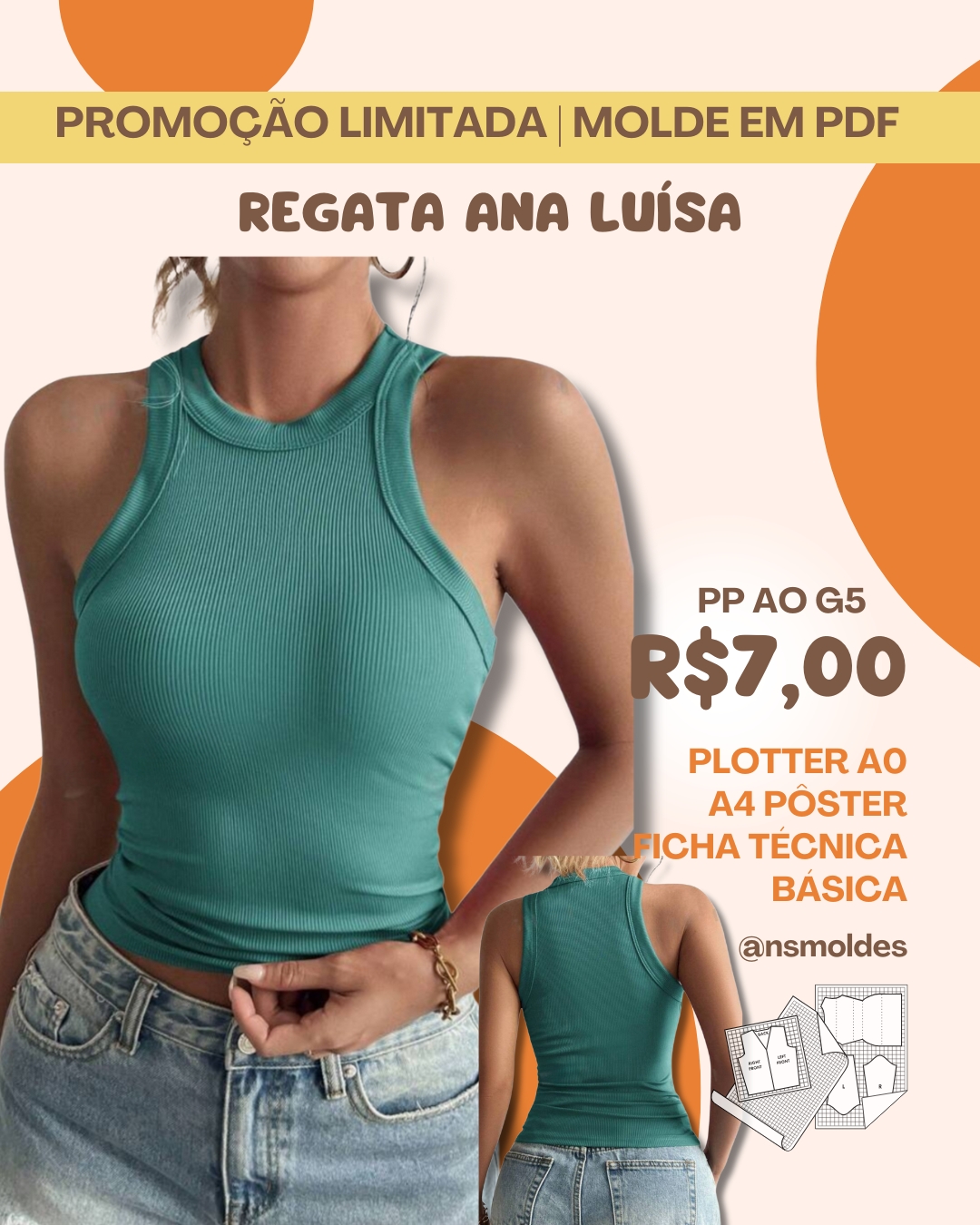 Molde em PDF - Regata Ana Luísa (Regata Estilo Casual Gola Redonda Malha Canelada) 