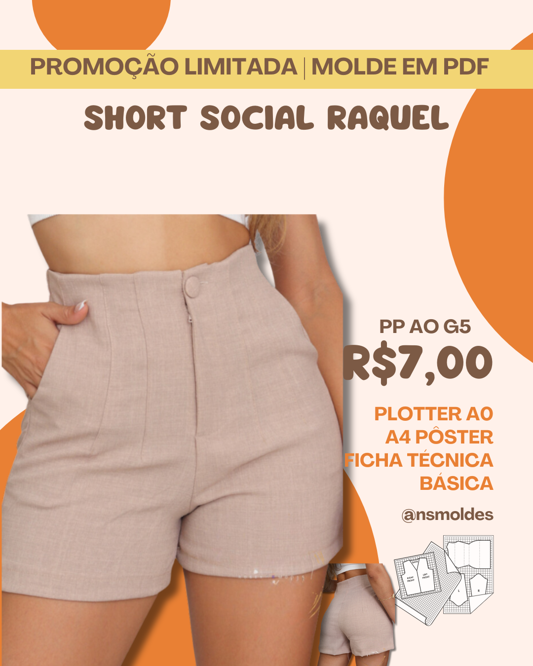 Molde em PDF - Short Social Raquel (Short Estilo Casual com Zíper e Botão Frontal Bolsos Laterais e Pregas)