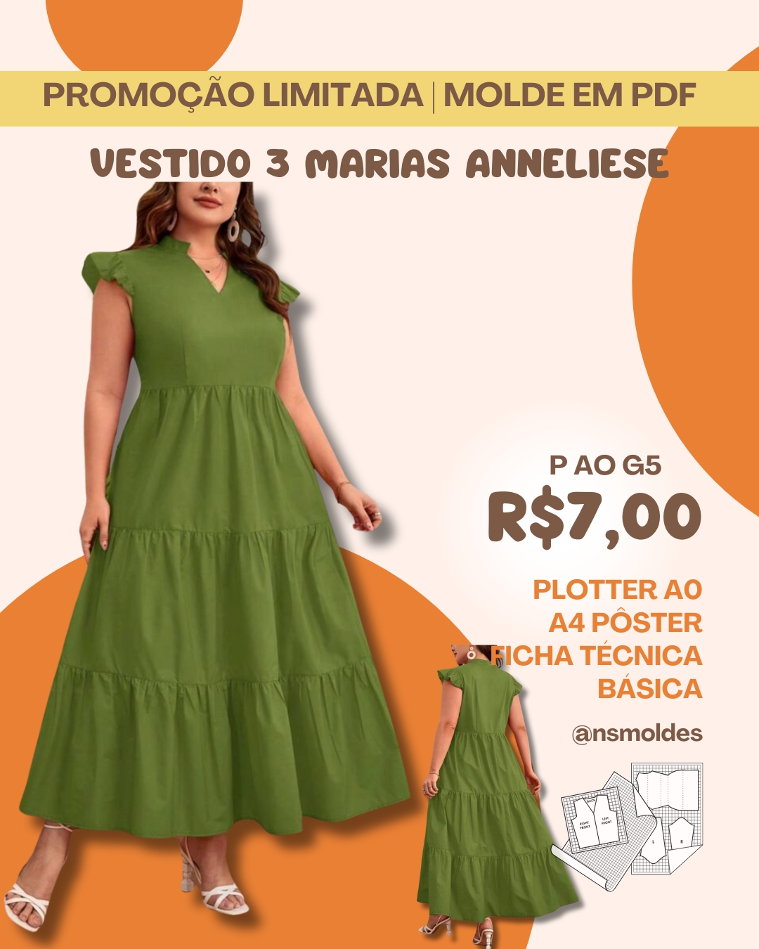 Molde em PDF - Vestido 3 Marias Anneliese (Vestido Estilo Casual Decote em V Entalhado Manga Boné Esvoaçante Cintura Alta com 3 Babados)