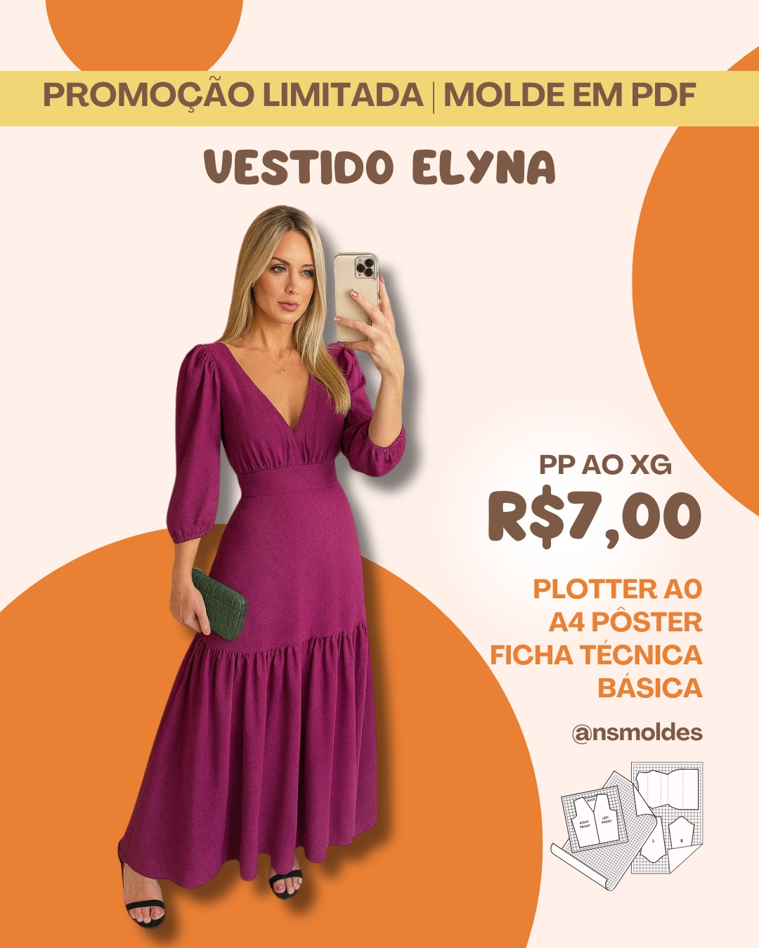 Molde em PDF - Vestido Elyna (Vestido Estilo Elegante Longo com Decote em V)
