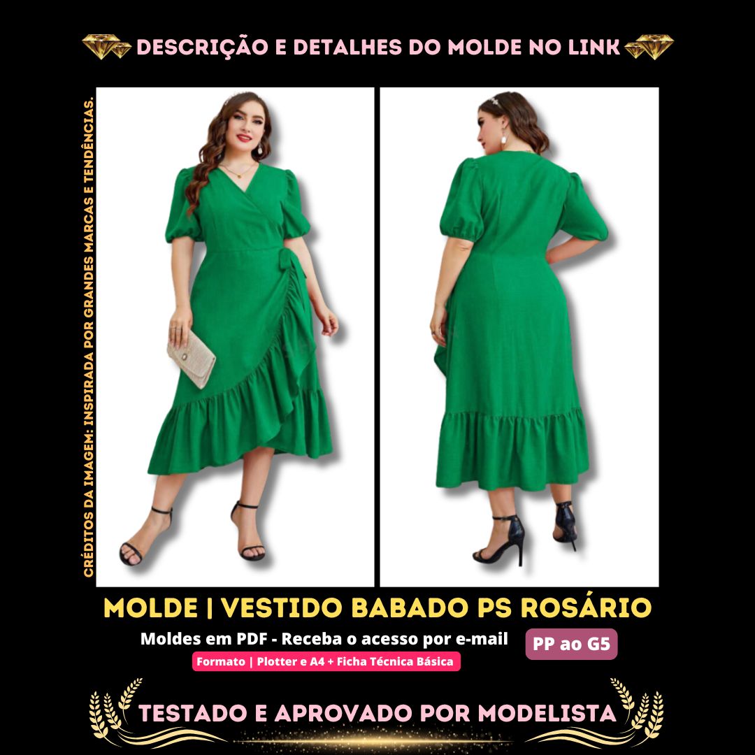 Molde em PDF - Vestido Babado PS Rosário (Vestido Estilo Casual Midi com Babado Lateral e Barra Assimétrica Manga Bufante Curta Decote Transpassado em V)