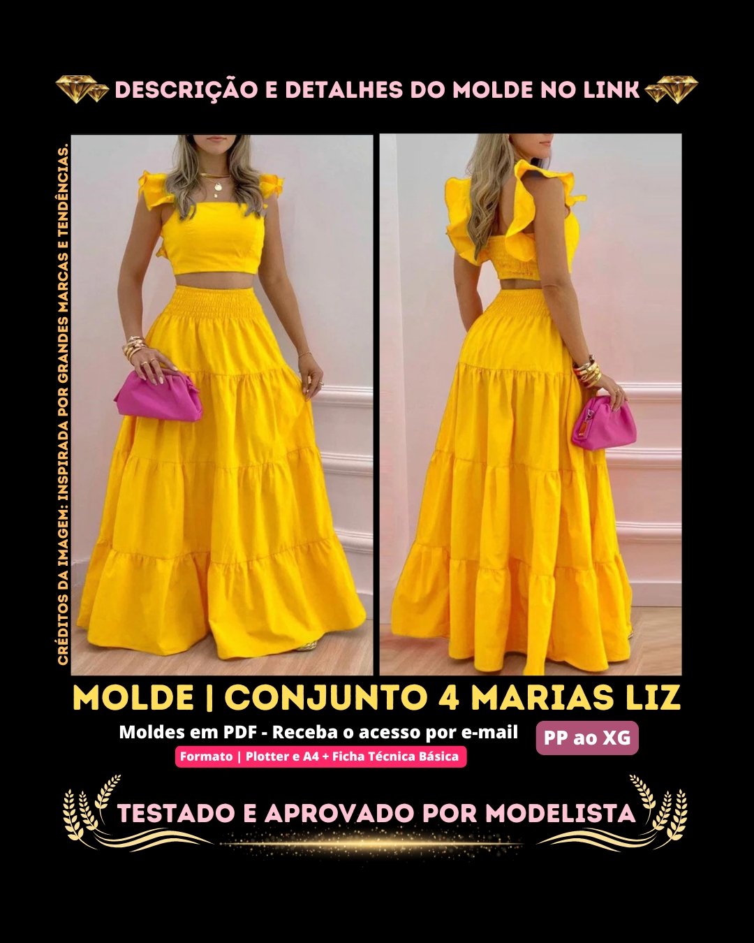 Molde em PDF - Conjunto 4 Marias Liz (Conjunto Estilo Casual Saia 4 Marias e Cropped com Babado na Manga)