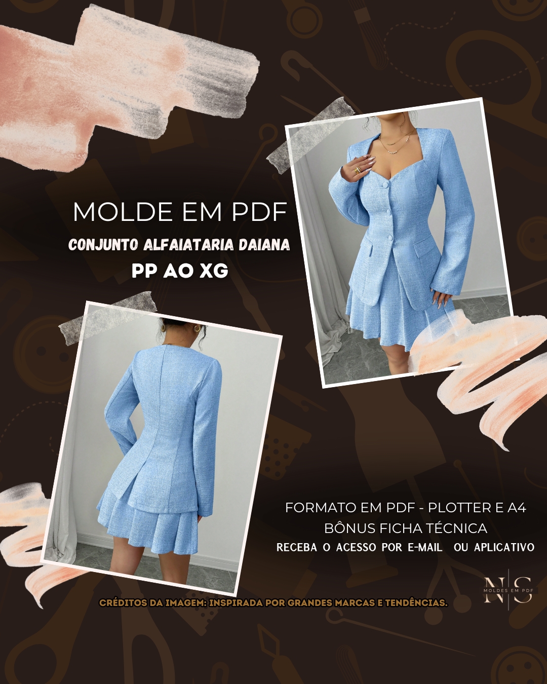 Molde em PDF - Conjunto Alfaiataria Daiana (Conjunto Alfaiataria Estilo Social Blazer Acinturado Decote Princesa Fechamento com Botões Frontais Mangas Longas Bolso Embutido + Saia godê Curta Efeito Peplum Cintura Alta)