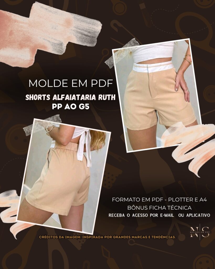 Molde em PDF - Shorts Alfaiataria Ruth (Shorts Alfaiataria Estilo Casual com Cós Contrastante em Elástico Aplicado Cintura Média/Alta Bolsos Faca Embutidos nas Laterais Barra com Acabamento de Bainha Virada Larga)
