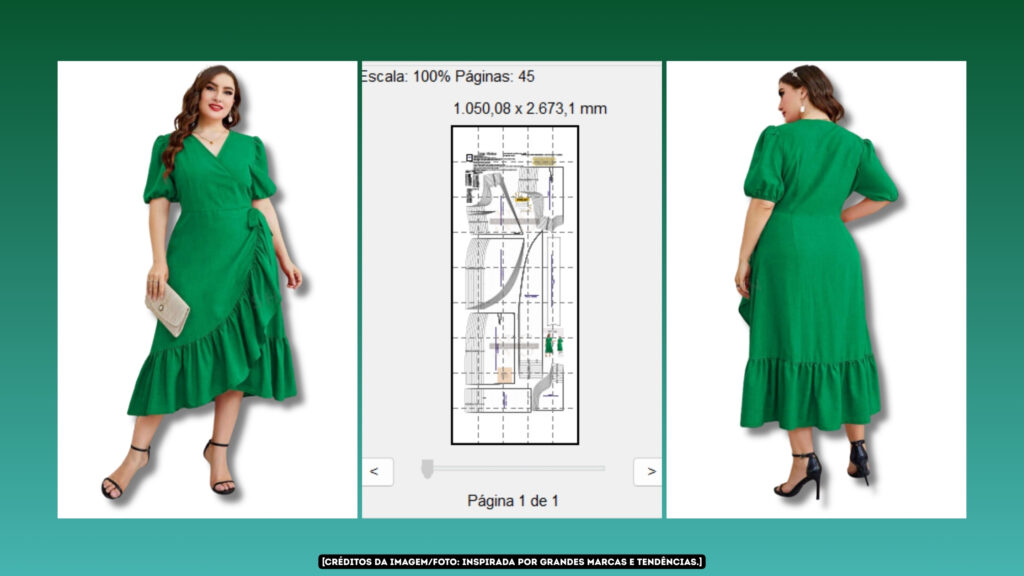 Molde em PDF - Vestido Babado PS Rosário (Vestido Estilo Casual Midi com Babado Lateral e Barra Assimétrica Manga Bufante Curta Decote Transpassado em V)