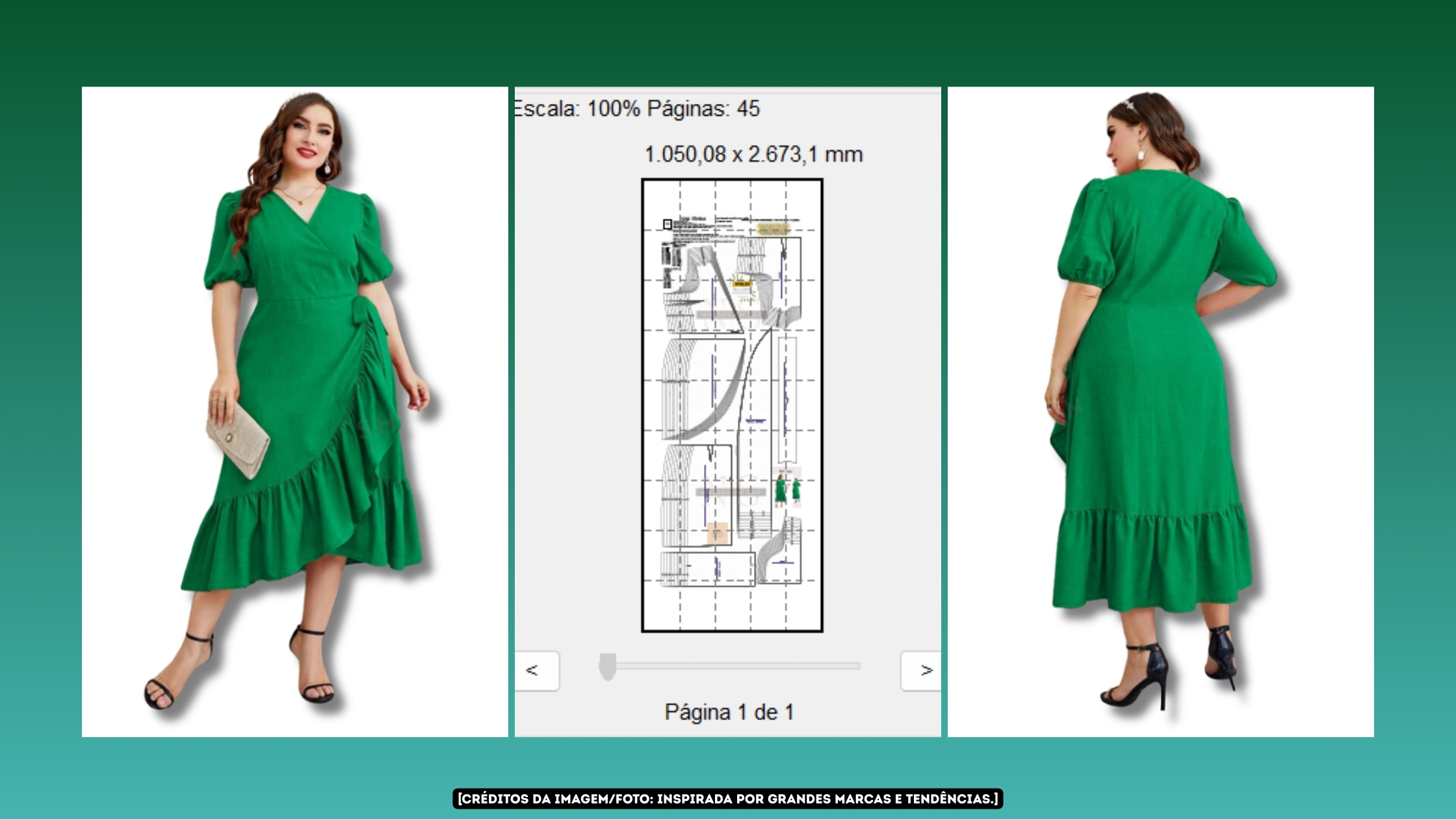 Molde em PDF - Vestido Babado PS Rosário (Vestido Estilo Casual Midi com Babado Lateral e Barra Assimétrica Manga Bufante Curta Decote Transpassado em V)