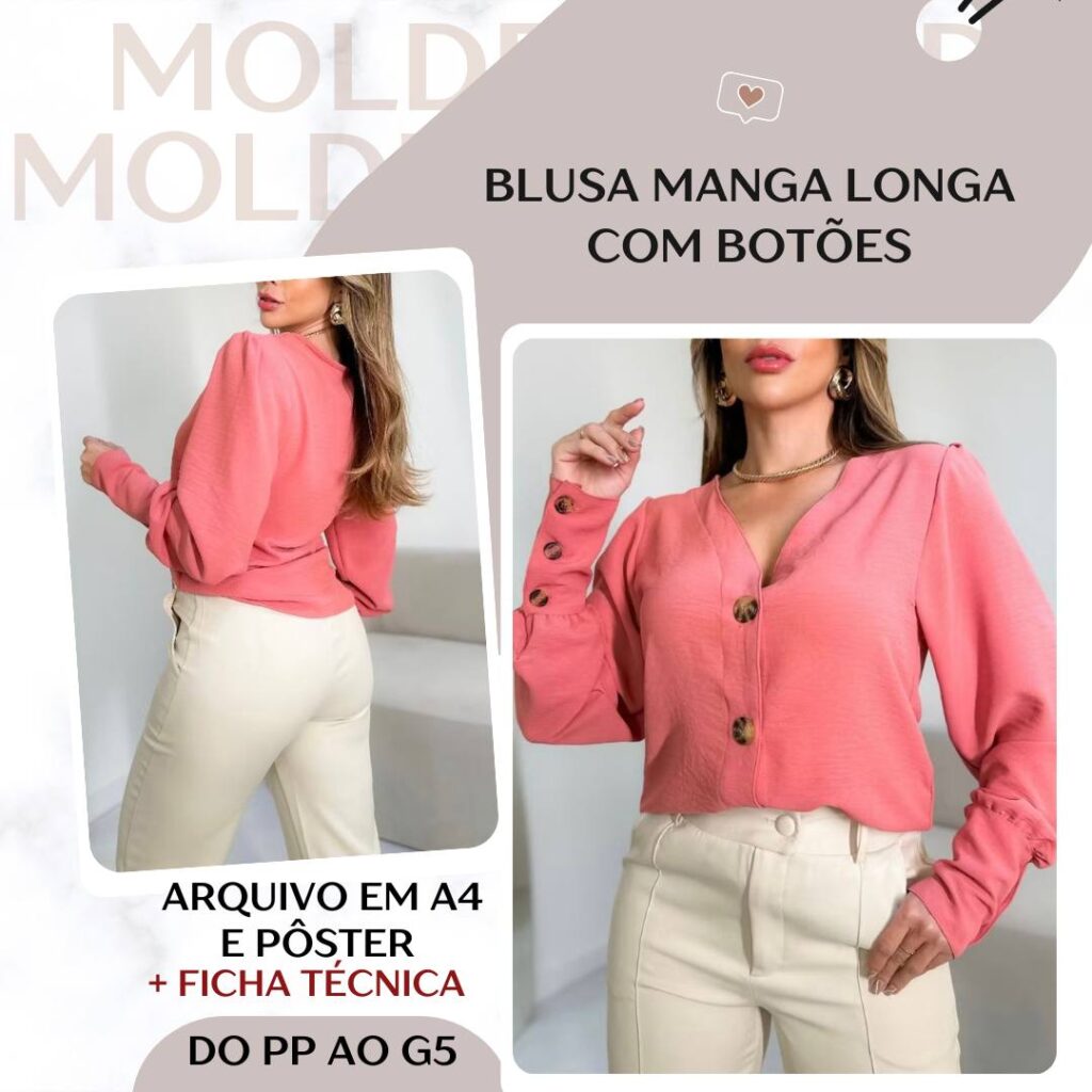 Blusa Manga Longa com Botões - Molde em PDF
