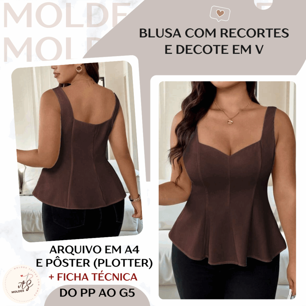 Blusa com Recortes e Decote em v - Molde em PDF