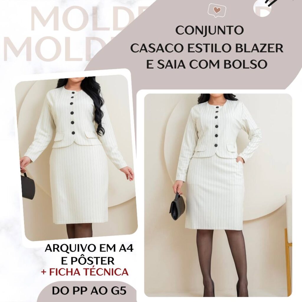 Conjunto Casaco Estilo Blazer e Saia com Bolso - Molde em PDF