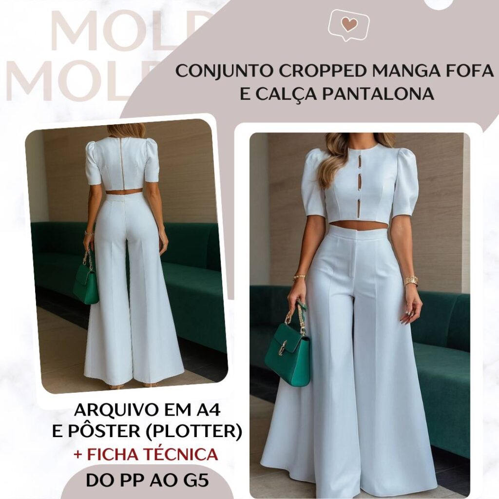 Conjunto Cropped Manga Fofa e Calça Pantalona - Molde em PDF