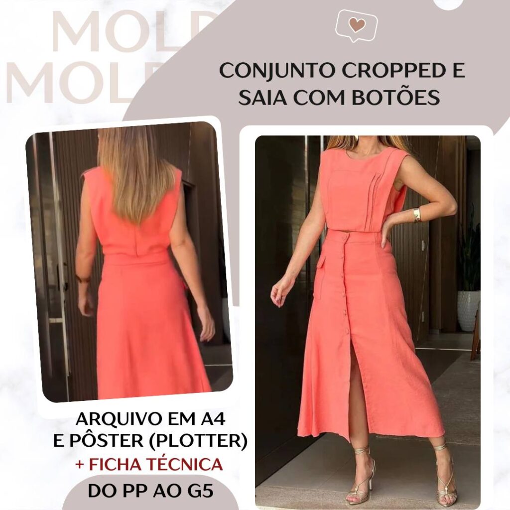 Conjunto Cropped e Saia com Botões - Molde em PDF