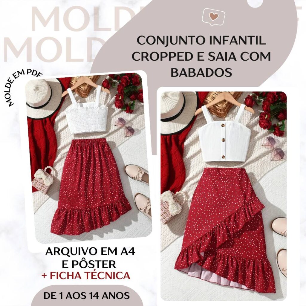 Conjunto Infantil - Cropped e Saia com Babados - Molde em PDF