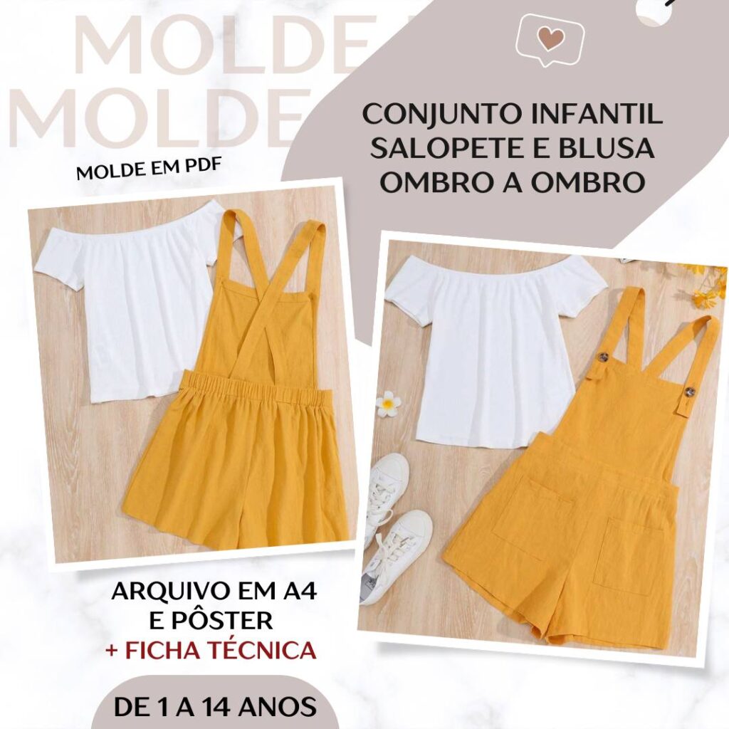 Conjunto Infantil - Salopete e Blusa Ombro a Ombro - Molde em PDF