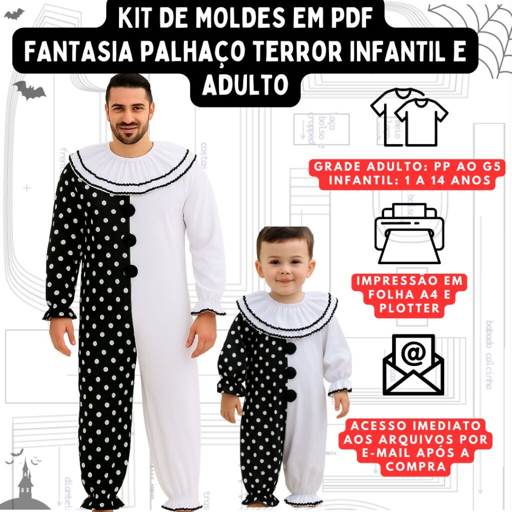 KIT DE MOLDES EM PDF FANTASIA palhaço terror infantil e adulto GRADE - PP AO G5 GRADE INFANTIL- 1 A 14 ANOS