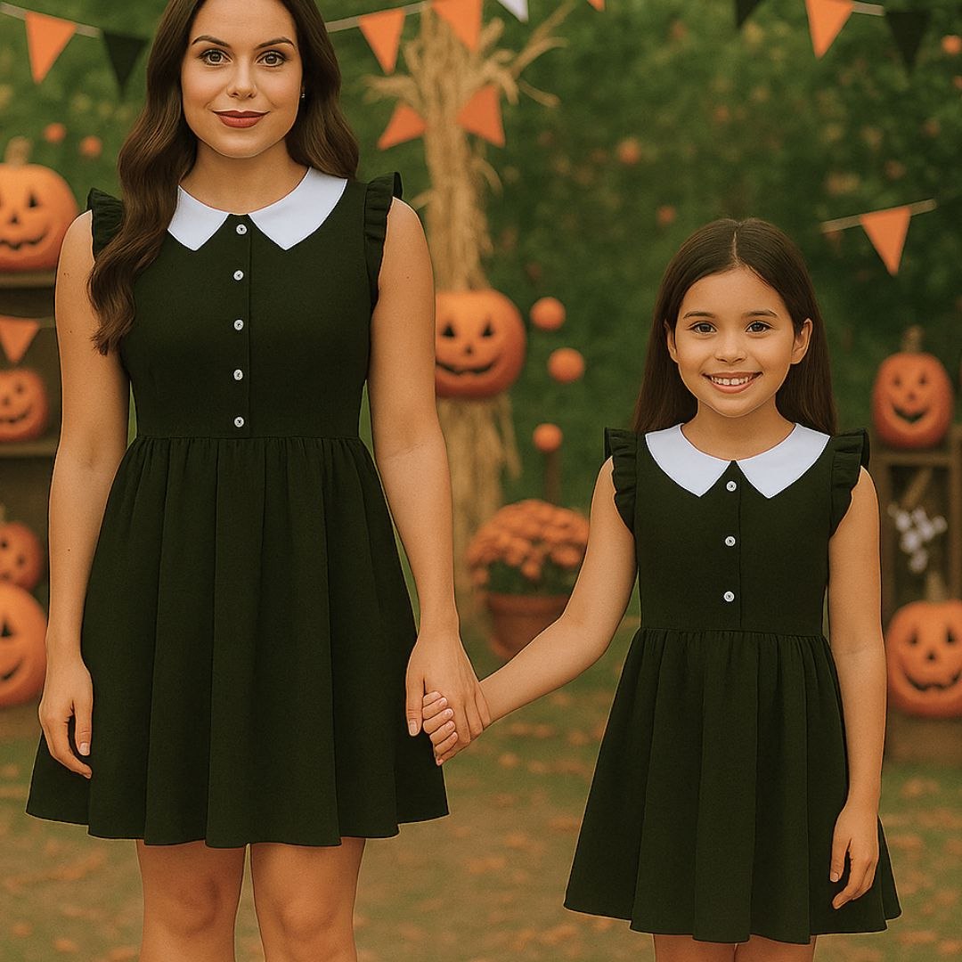 MOLDES EM PDF VESTIDO WANDINHA MÃE E FILHA (PP AO G5 E 1 A 14 ANOS)