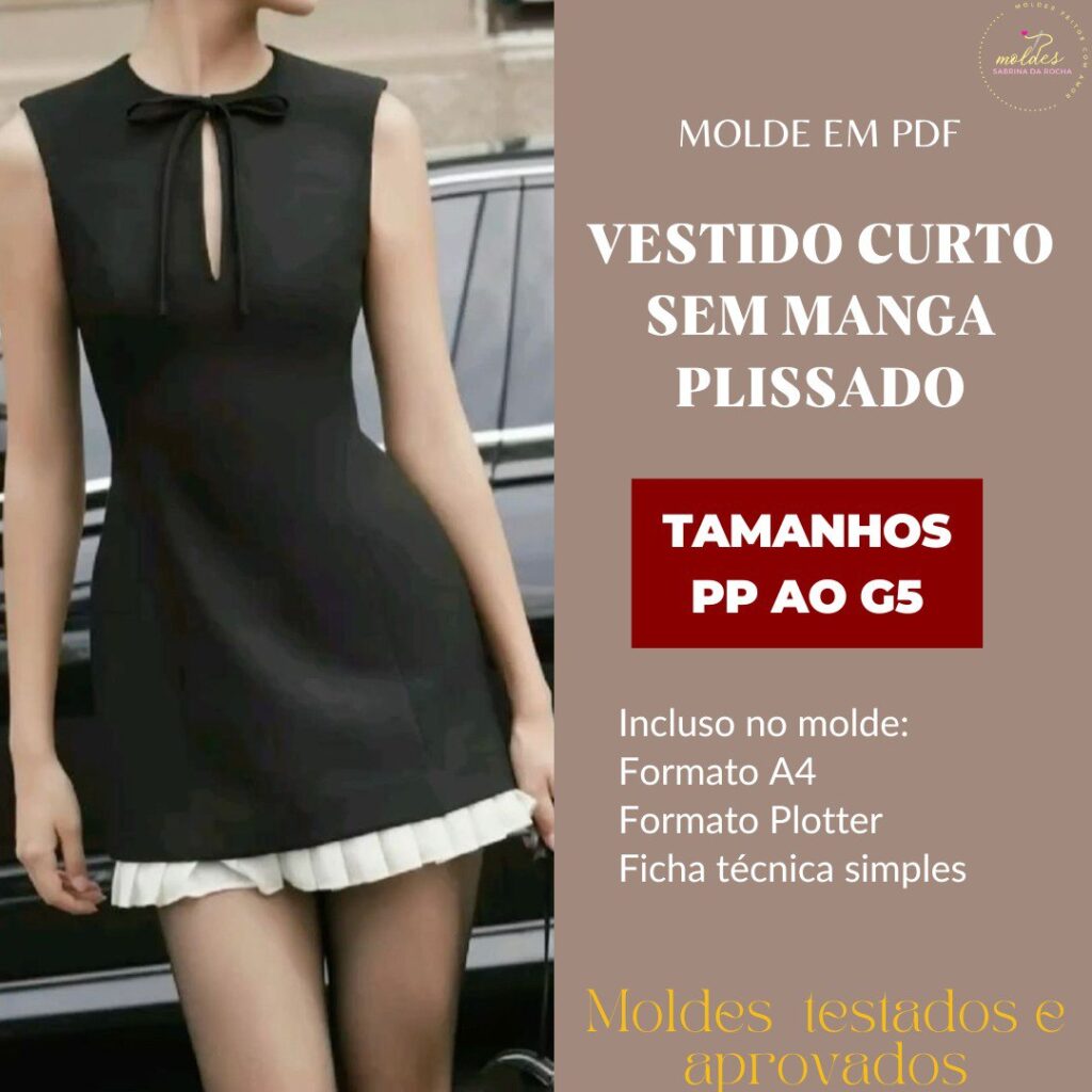 Molde Vestido Curto sem Manga Plissado