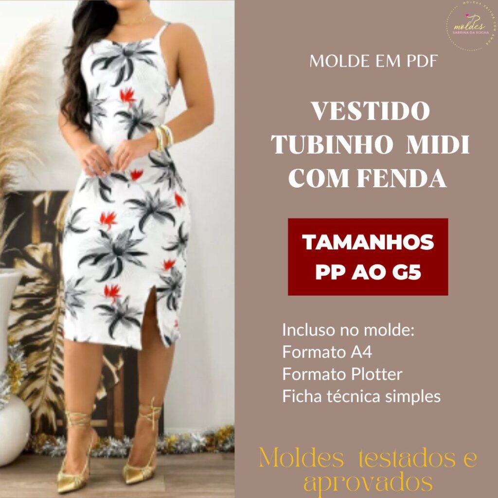 Molde Vestido Tubinho Midi com Fenda
