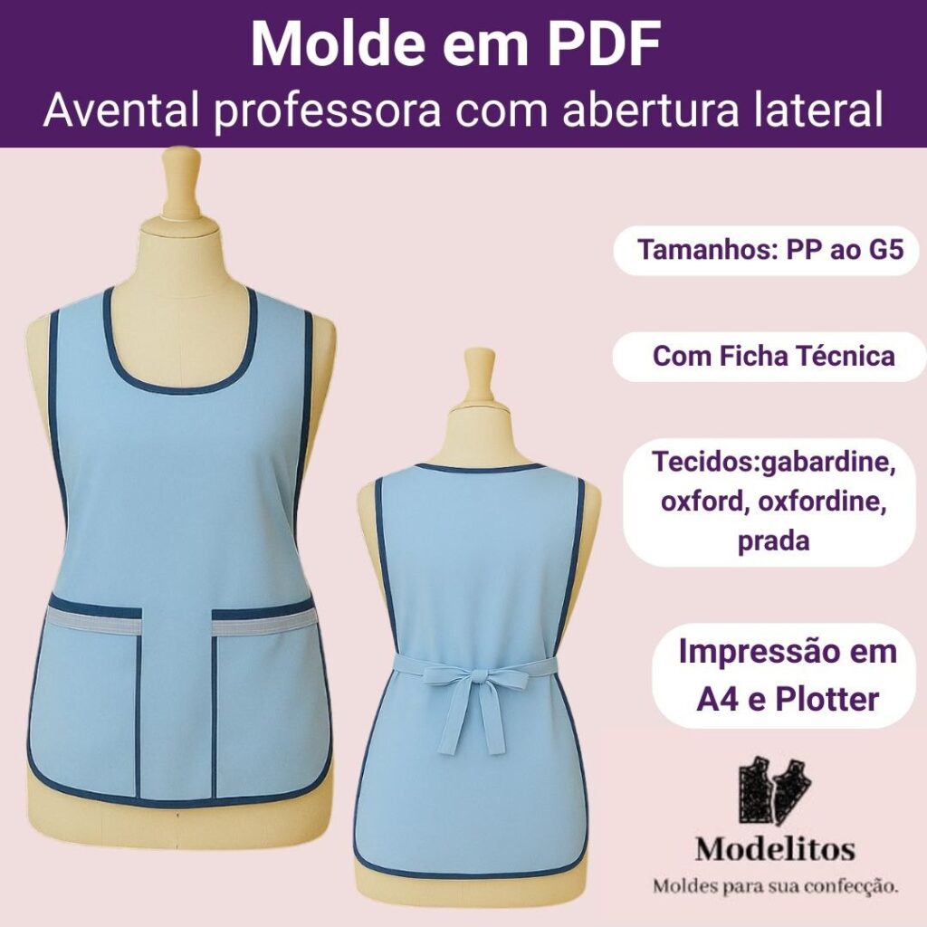 Molde em PDF Avental com Abertura Lateral para Professora - PP ao G5