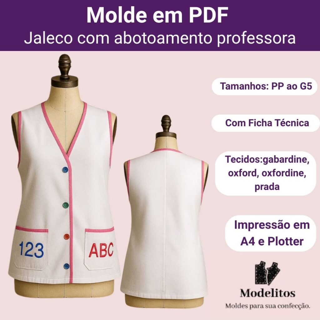 Molde em PDF Jaleco Básico com Abotoamento para Professora - PP ao G5