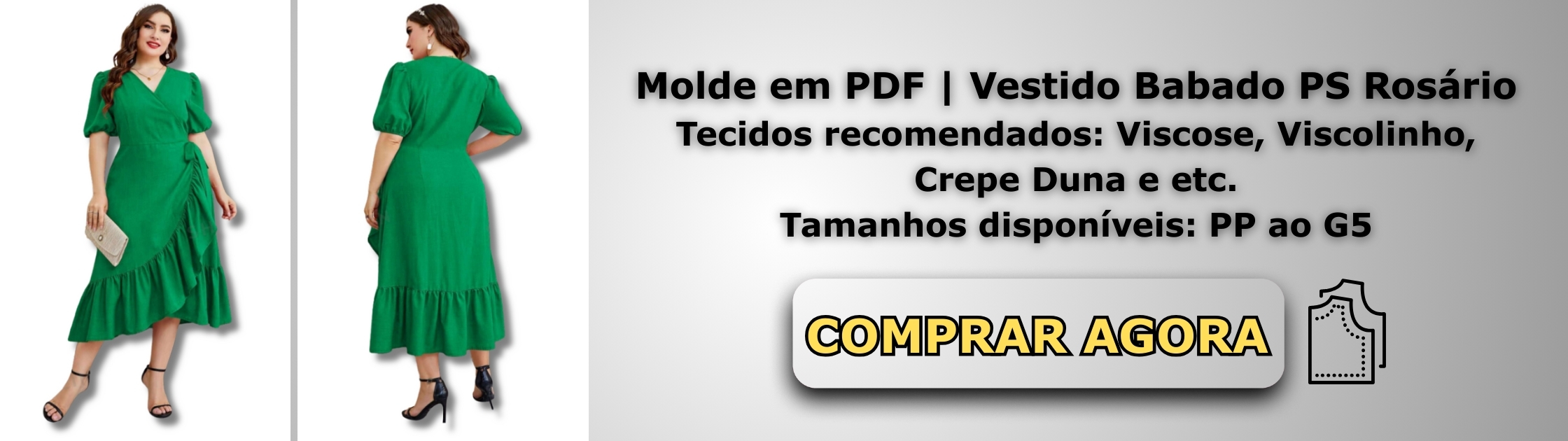 Molde em PDF - Vestido Babado PS Rosário (Vestido Estilo Casual Midi com Babado Lateral e Barra Assimétrica Manga Bufante Curta Decote Transpassado em V)