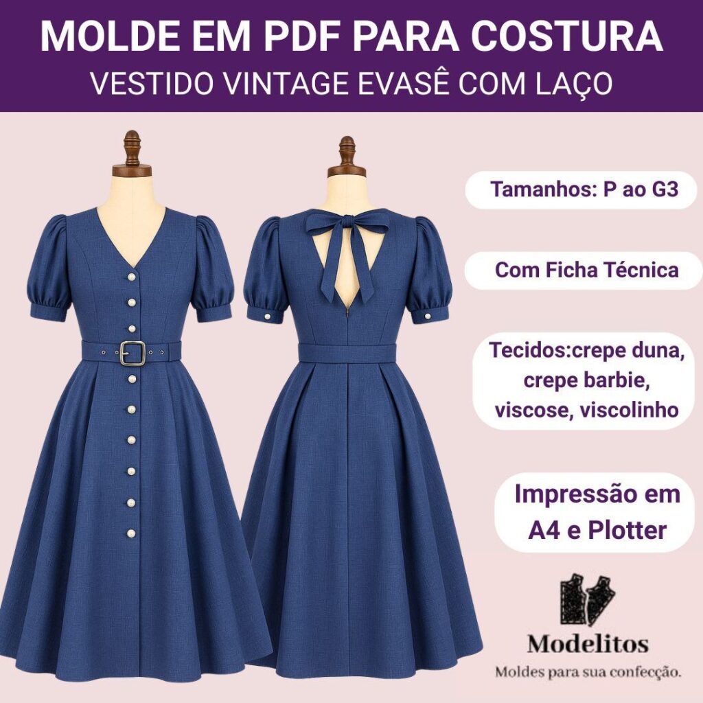 Molde em PDF Vestido Vintage Evasê [P ao G3]
