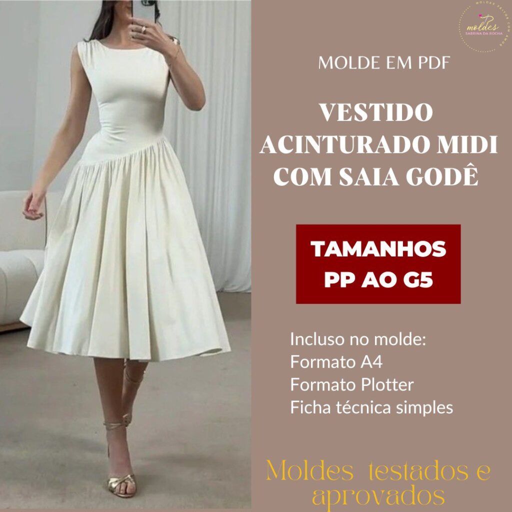 Vestido Acinturado Midi com Saia Godê