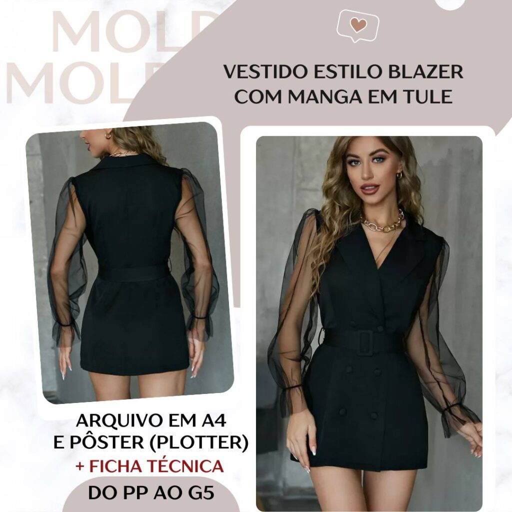 Vestido Estilo Blazer com Manga em Tule - Molde em PDF