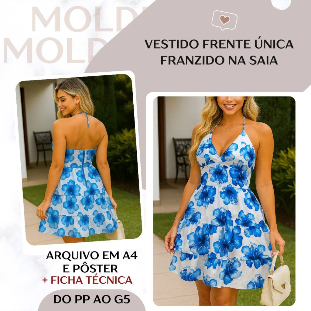 Vestido Frente Única Franzido na Saia - Molde em PDF