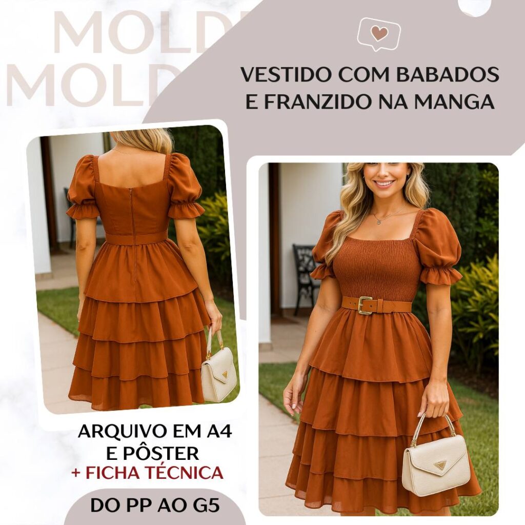 Vestido com Babados e Franzido na Manga - Molde em PDF