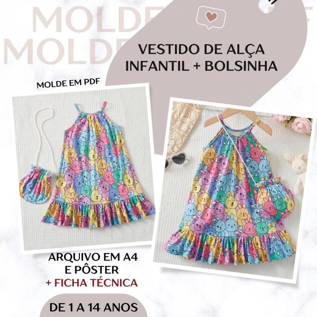 Vestido de Alça Infantil + Bolsinha - Molde em PDF