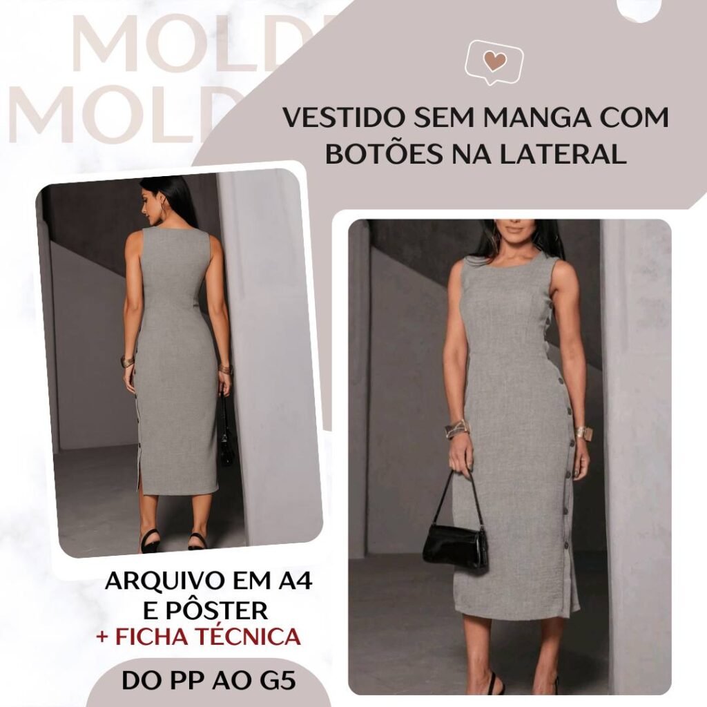 Vestido sem Manga com Botões na Lateral - Molde em PDF