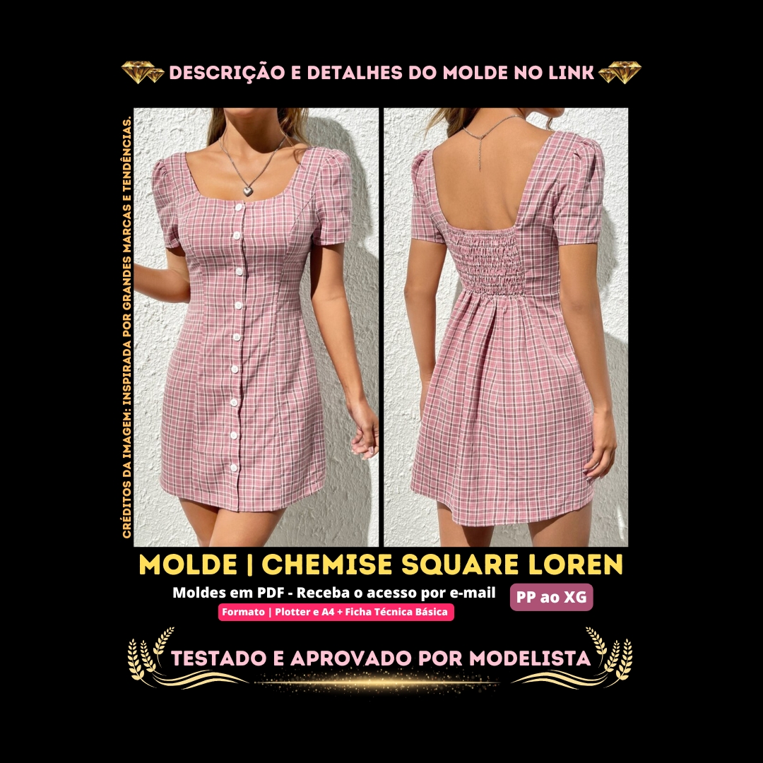 1.1 Chemise Square Loren (Chemise Estilo Casual Decote Quadrado Botões na Frente Elastex nas Costas Manga Curta Bufante)