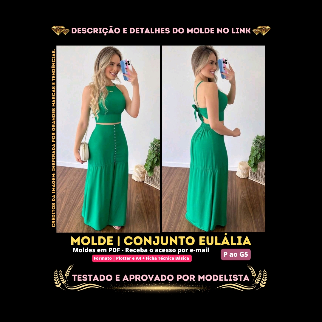 Molde em PDF - Conjunto Eulália (Conjunto Estilo Casual Cropped Gola Halter com Amarração Atrás + Saia Longa com Elástico Atrás e Botões na Frente) 