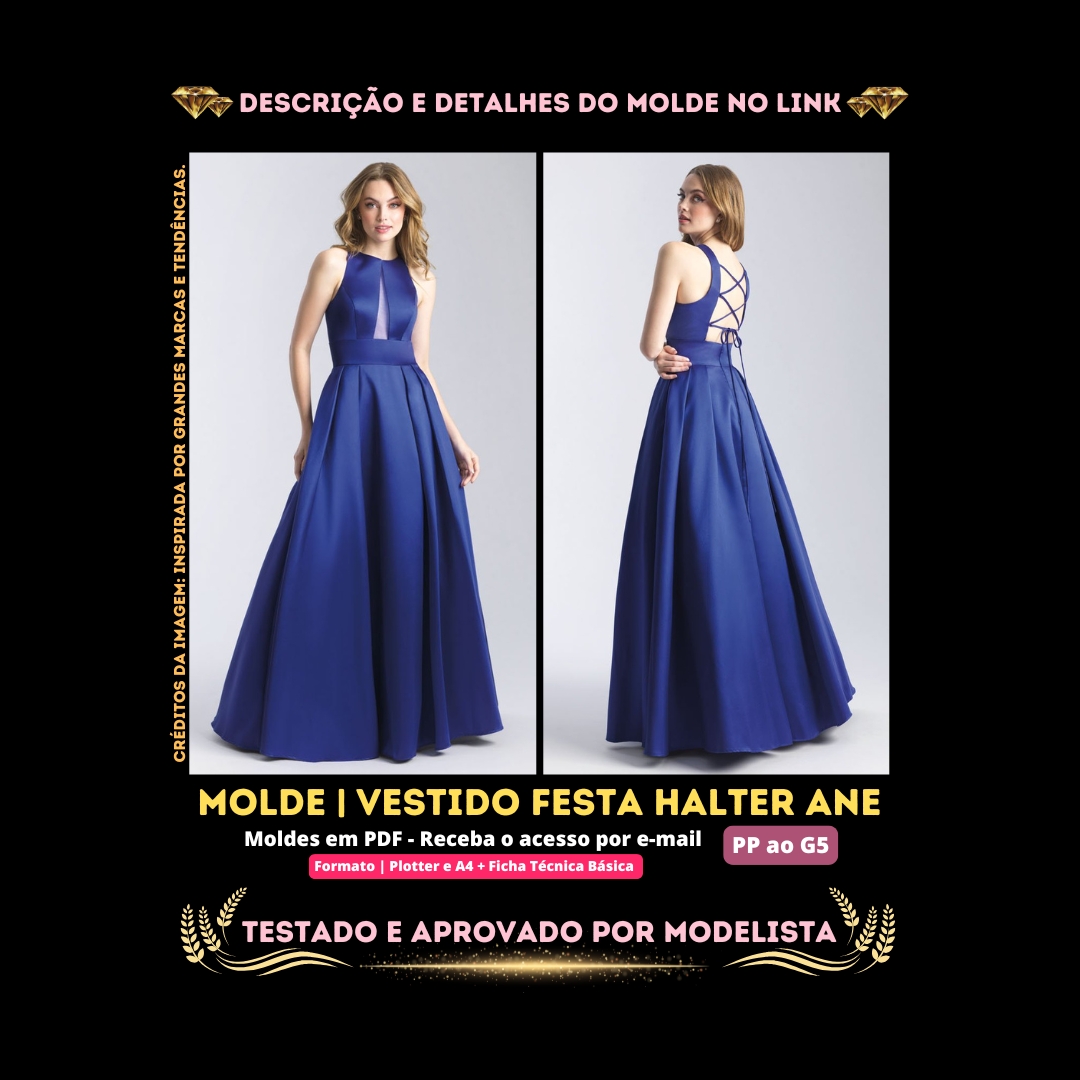 Molde em PDF - Vestido Festa Halter Ane
