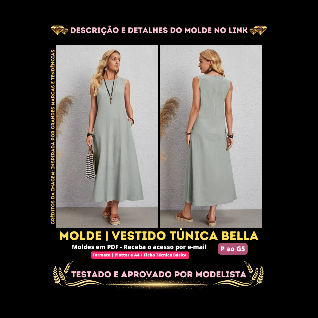 Molde em PDF - Vestido Túnica Bella (Vestido Túnica Estilo Casual Sem Mangas Longo com Bolso)⁣