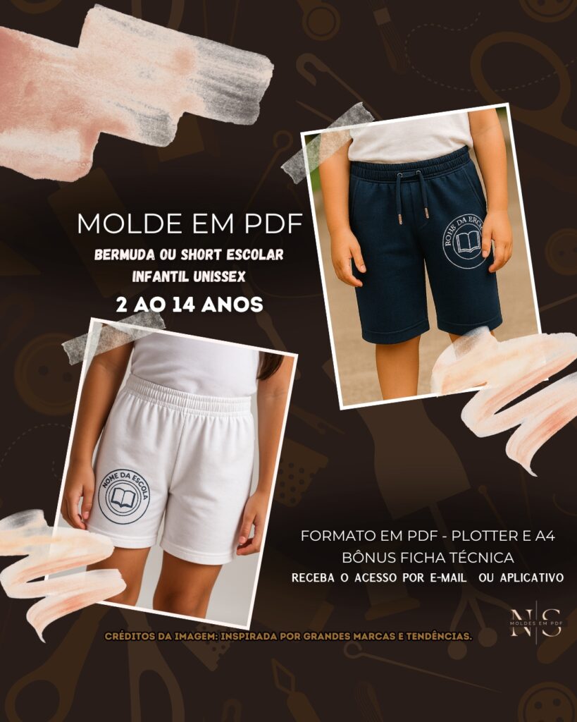 Molde em PDF - Bermuda ou Short Escolar Infantil Unissex [2 ao 14 anos]