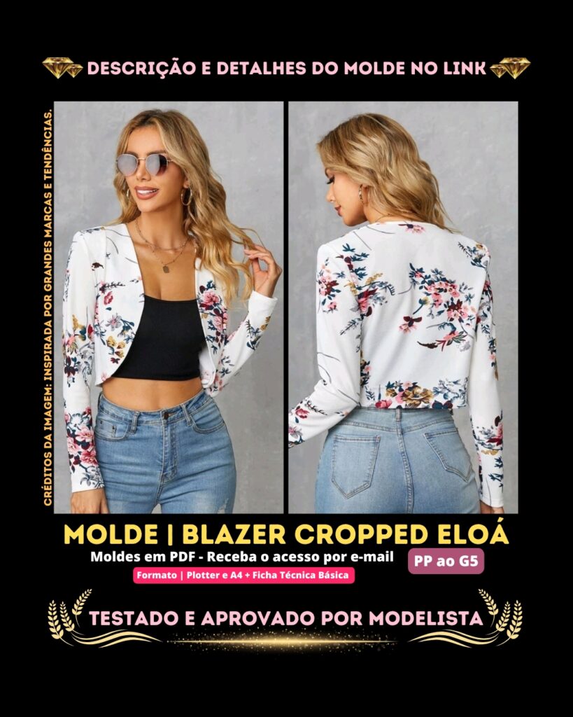 Molde em PDF - Blazer Cropped Eloá (Blazer Estilo Elegante Assimétrico com Manga Comprida)