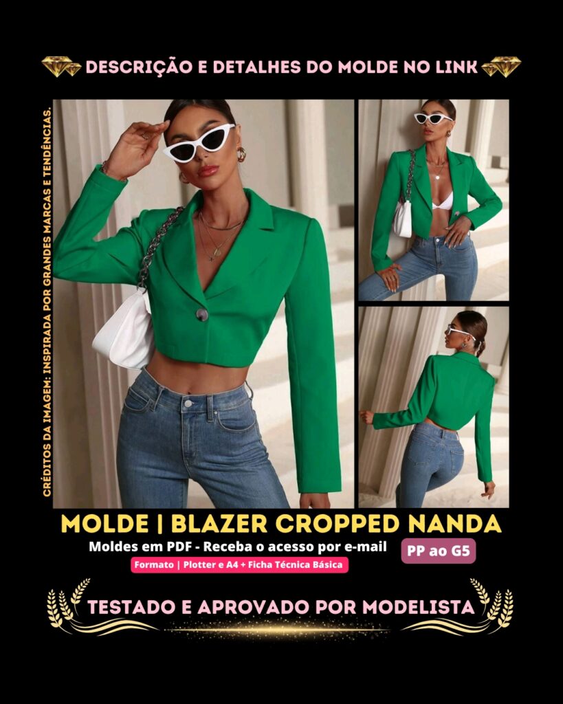Molde em PDF - Blazer Cropped Nanda (Blazer Estilo Casual Curto com Botão Único)