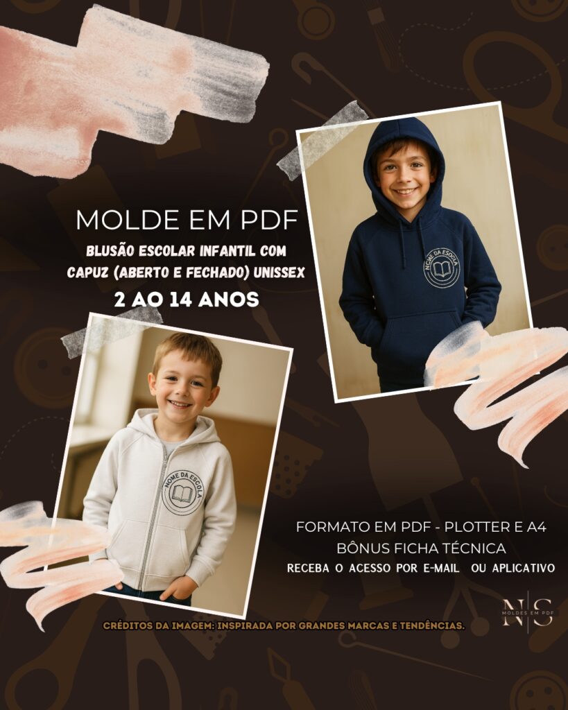 Molde em PDF - Blusão Escolar Infantil com Capuz (Aberto e Fechado) Unissex