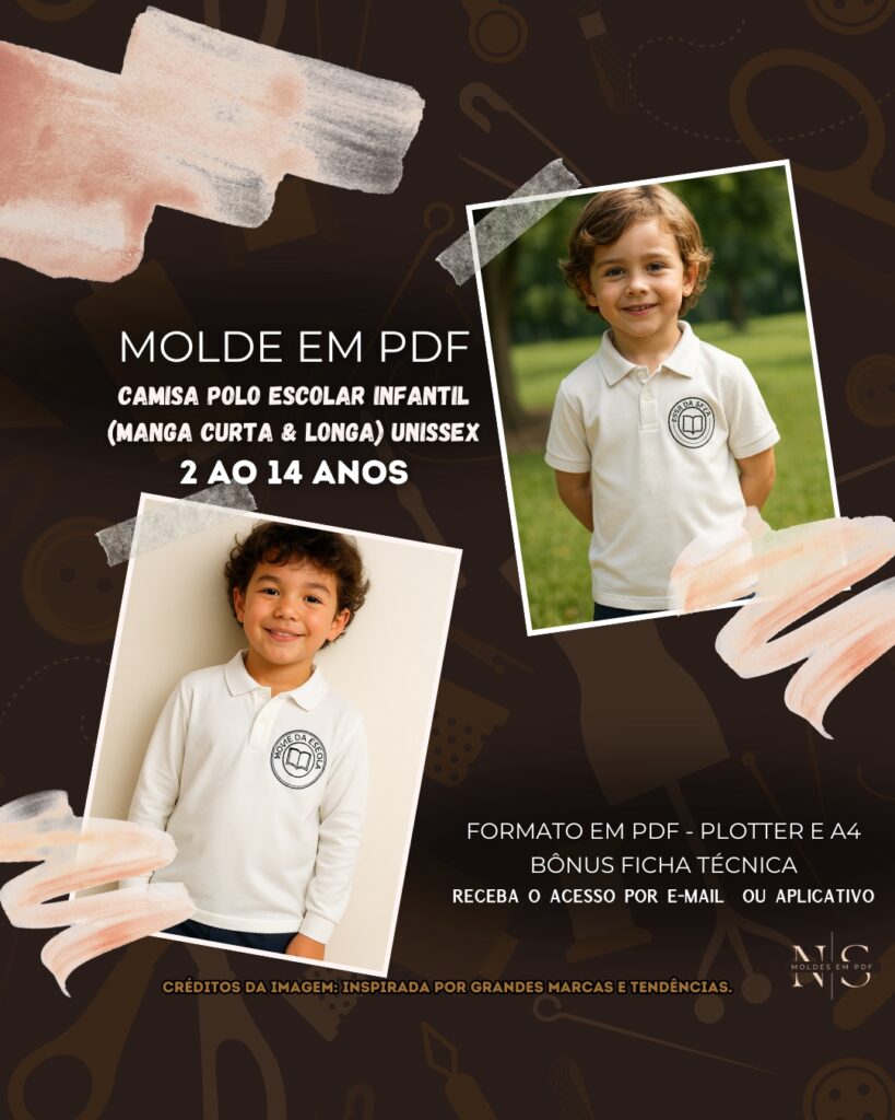 Molde em PDF - Camisa Polo Escolar Infantil (Manga Curta & Longa) Unissex