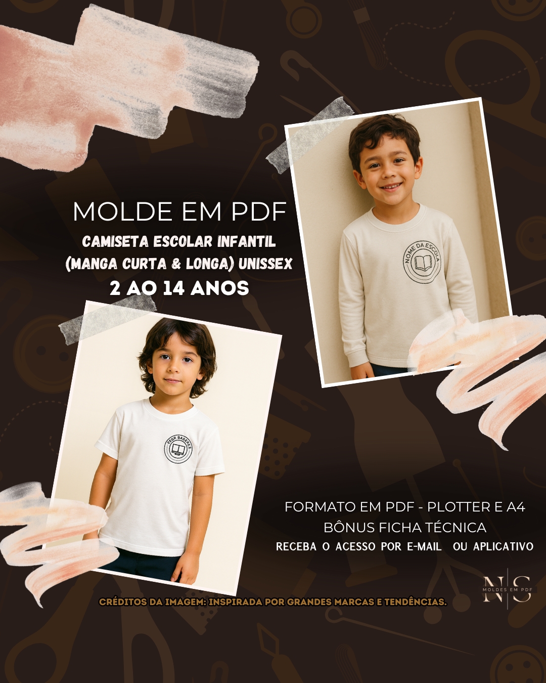 Molde em PDF - Camiseta Escolar Infantil (Manga Curta & Longa) Unissex
