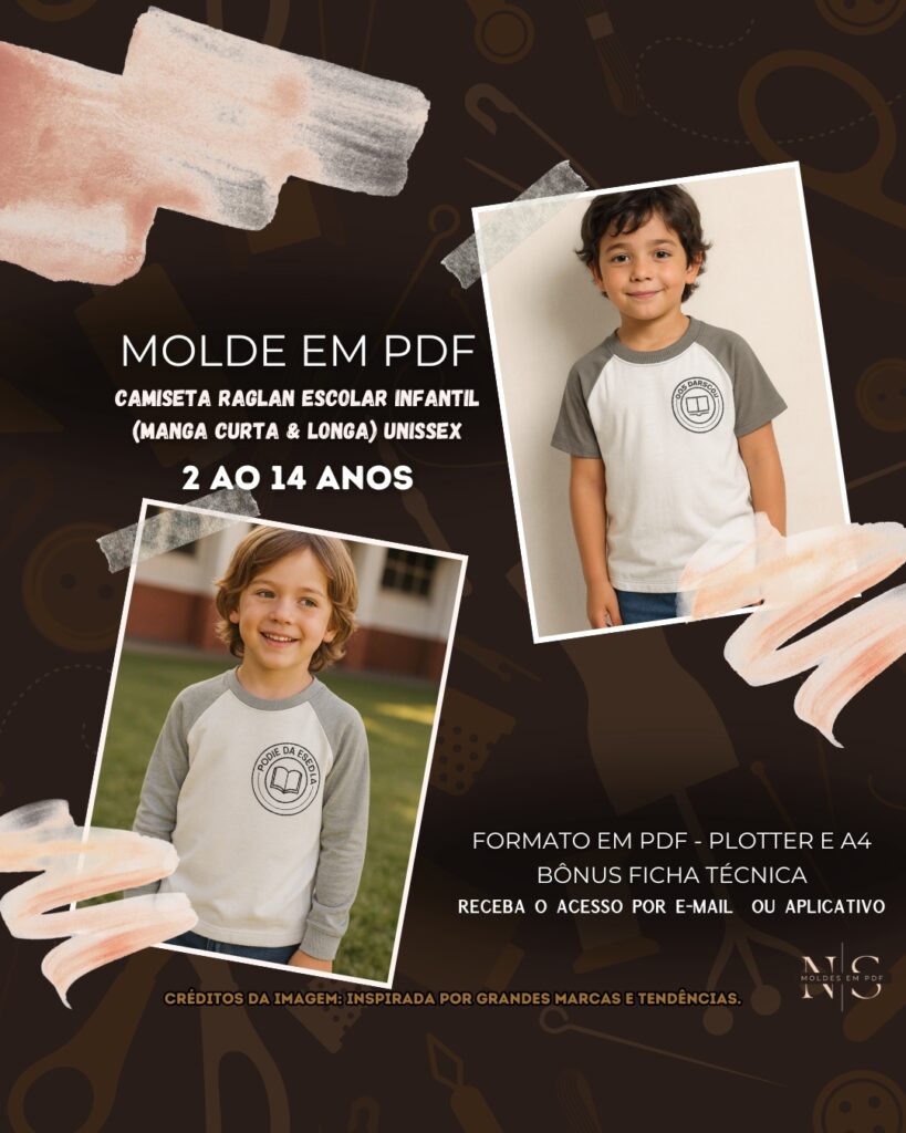 Molde em PDF - Camiseta Raglan Escolar Infantil (Manga Curta & Longa) Unissex [2 ao 14 anos]
