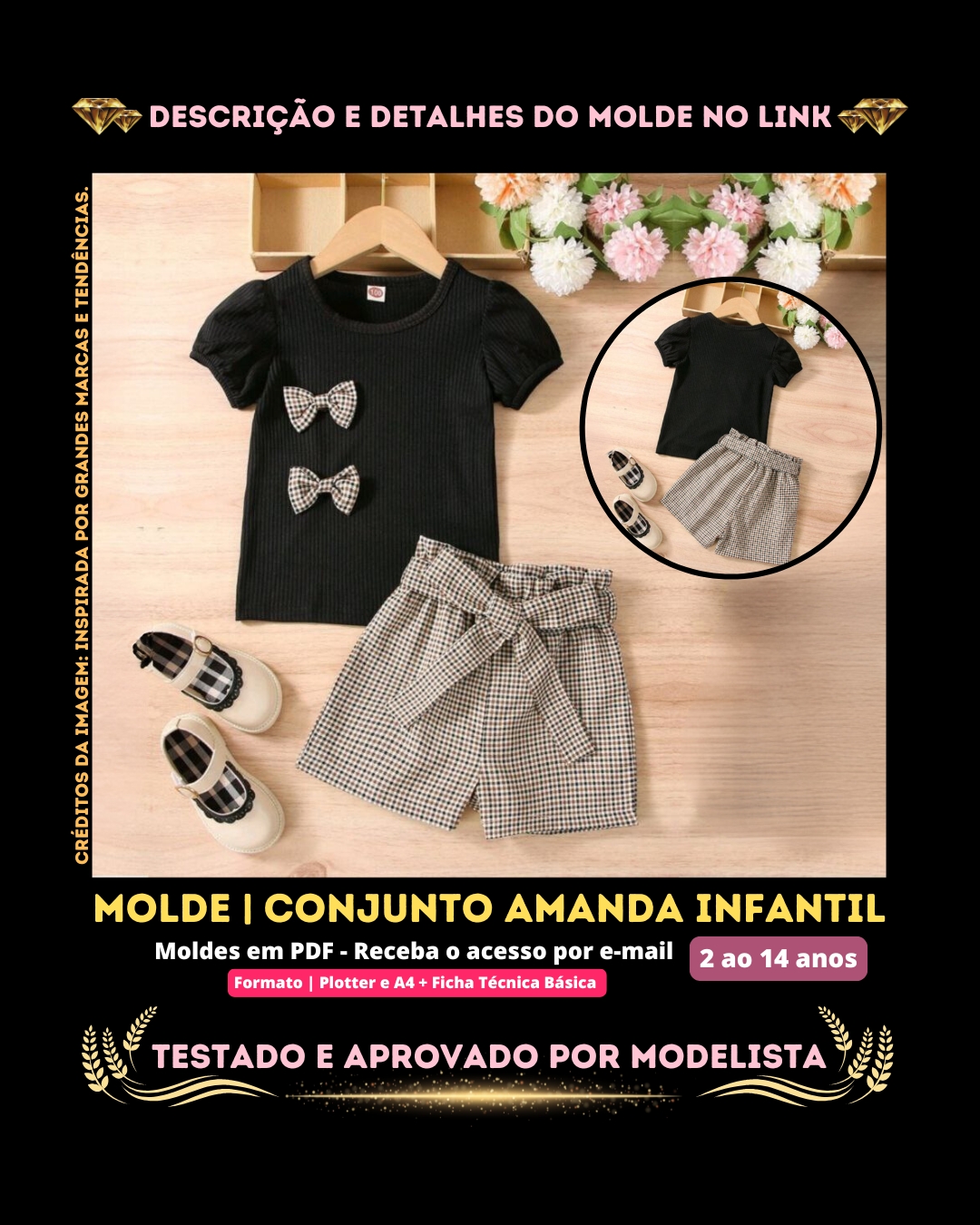 Molde em PDF - Conjunto Amanda Infantil (Conjunto Estilo Fofo Camiseta Gola Redonda com Manga Curta Bufante + Shorts com Cinto Cintura Franzida)