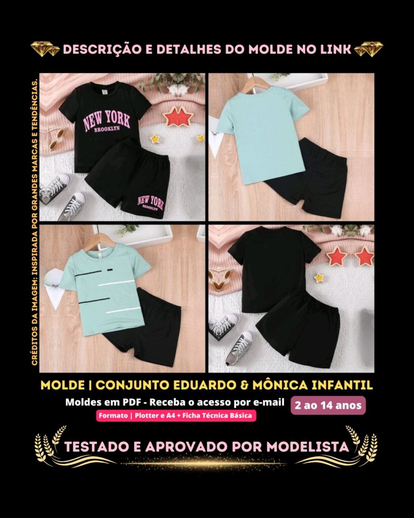 Molde em PDF - Conjunto Eduardo & Mônica Infantil [Unissex] (Conjunto Estilo Casual Camiseta Manga Curta Gola Redonda + Shorts com Elástico na Cintura)