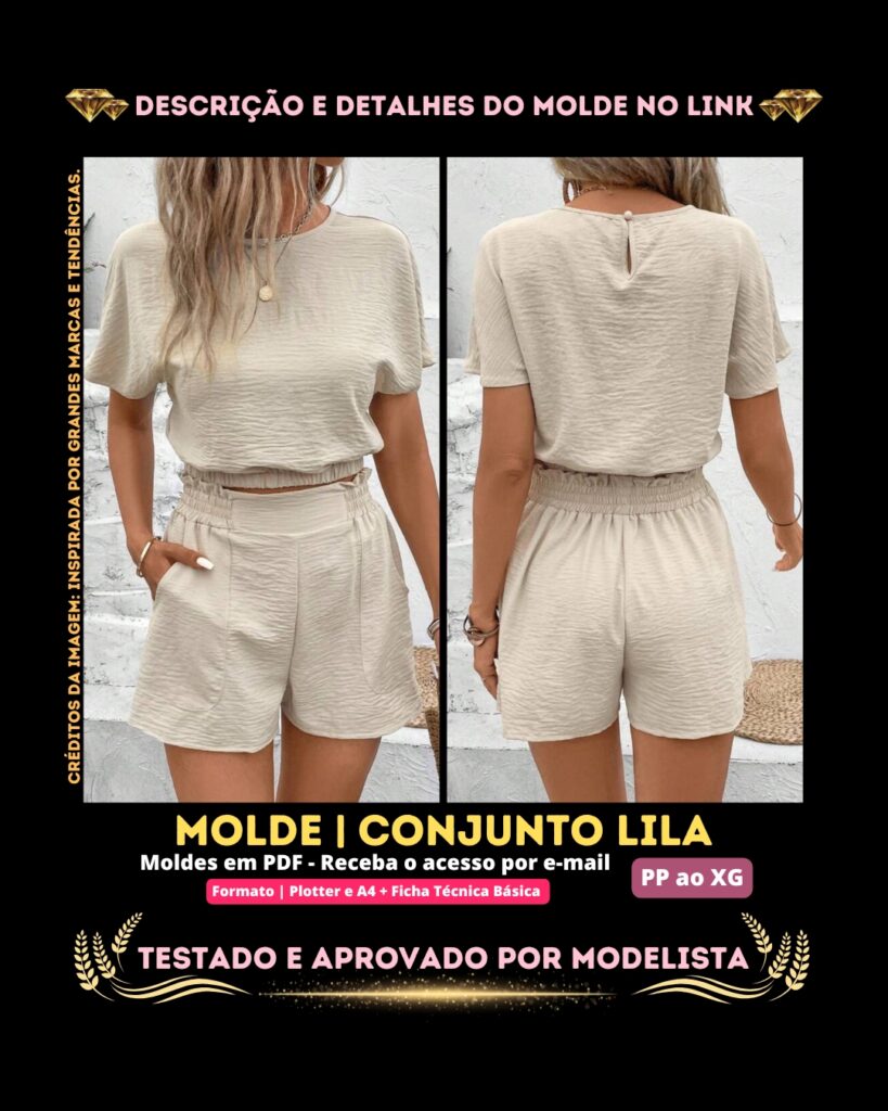 Molde em PDF - Conjunto Lila (Conjunto Estilo Casual Cropped Gola Redonda Manga Curta Morcego com Elástico na Cintura + Shorts com Bolso Elástico Franzido na Cintura)