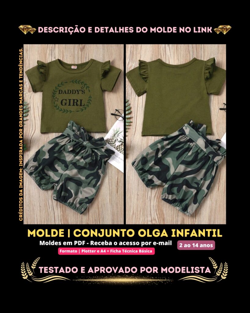 Molde em PDF - Conjunto Olga Infantil (Conjunto Estilo Casual Blusa Gola Redonda Manga Curta com Babado no Ombro + Short Blommer Cintura Franzida com Cinto e Elásticona Barra)