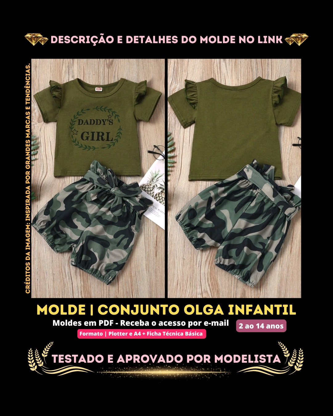 Molde em PDF - Conjunto Olga Infantil (Conjunto Estilo Casual Blusa Gola Redonda Manga Curta com Babado no Ombro + Short Blommer Cintura Franzida com Cinto e Elásticona Barra)