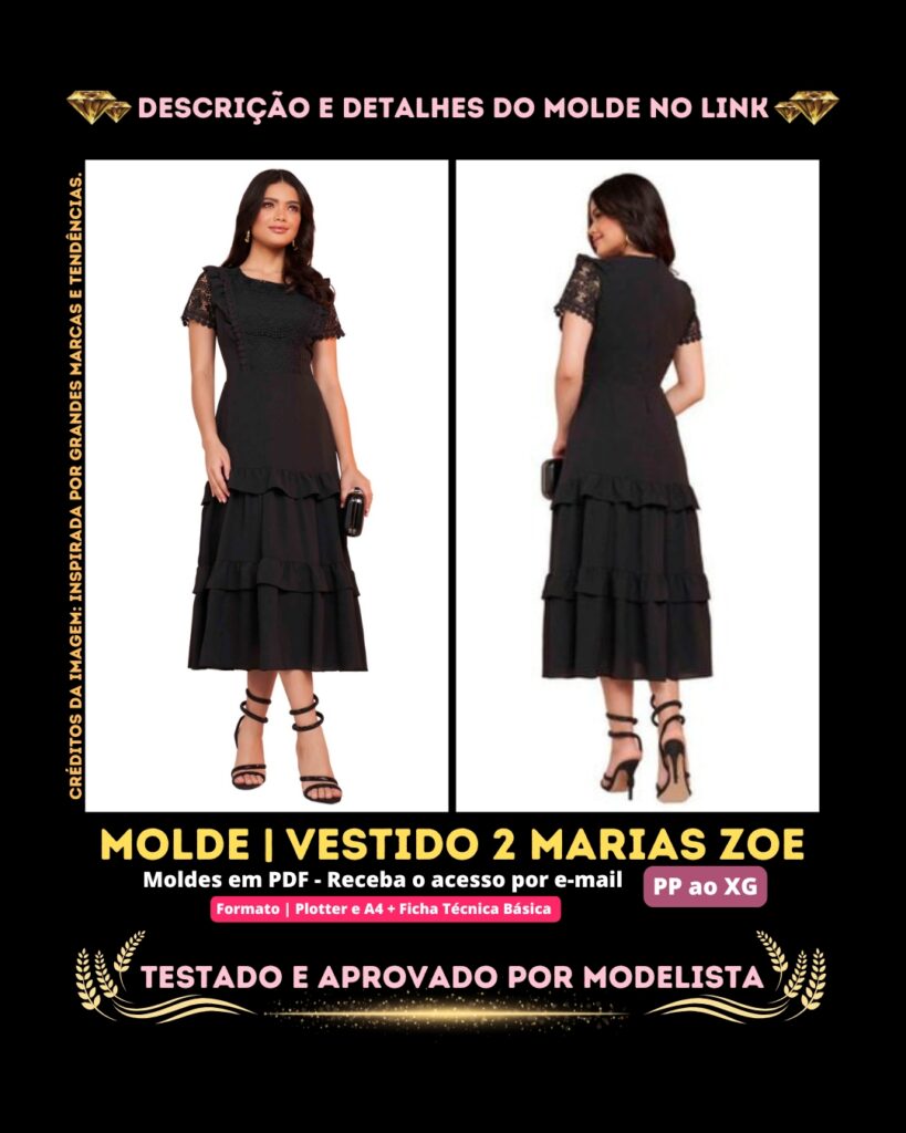 Molde em PDF - Vestido 2 Marias Zoe (Vestido Estilo Casual Gola Quadrada com Manga Curta e Saia 2 Marias com Zíper nas Costas)