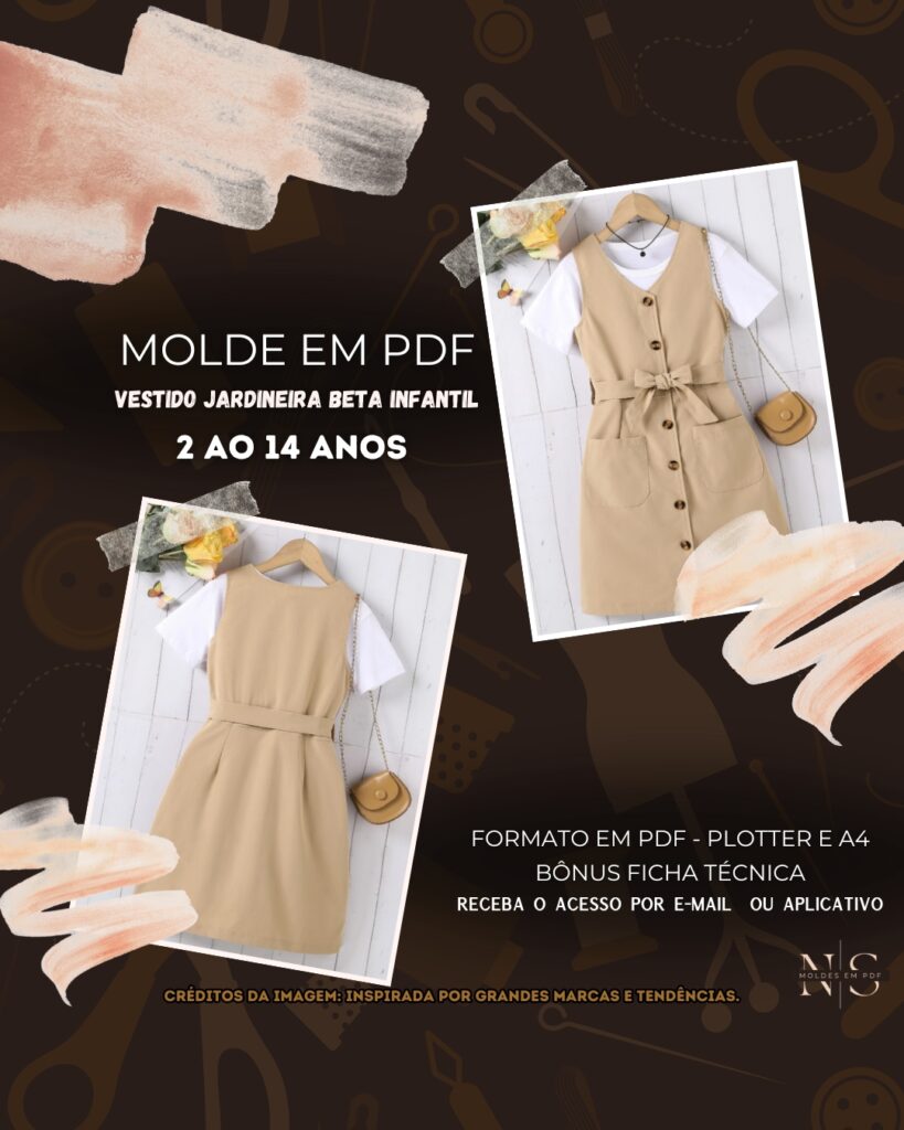 NS Molde em PDF - Vestido Jardineira Beta Infantil (Vestido Jardineira Estilo Casual Decote em “V” sem Mangas Abertura Frontal com Botões Cinto-Faixa Bolsos Frontais Modelagem Evasê + Blusa Gola Redonda Manga Curta)