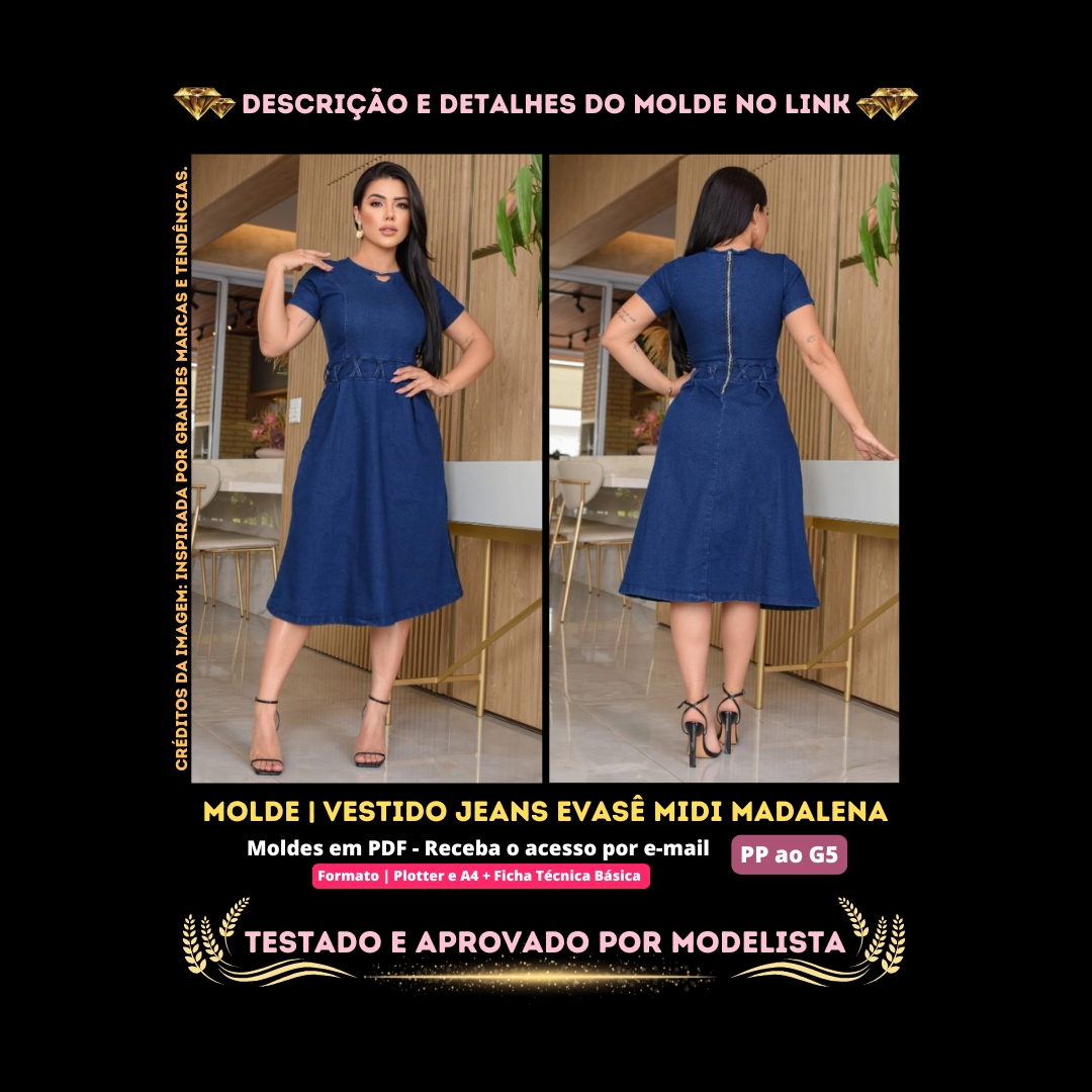 Molde em PDF - Vestido Jeans Evasê Midi Madalena